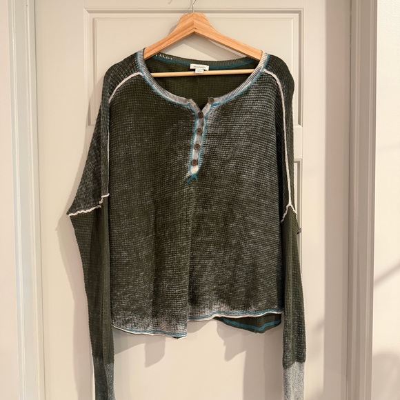 Sundance Gentry Henley Olive Green Waffle Knit Top Size Large - Picture 2 of 7